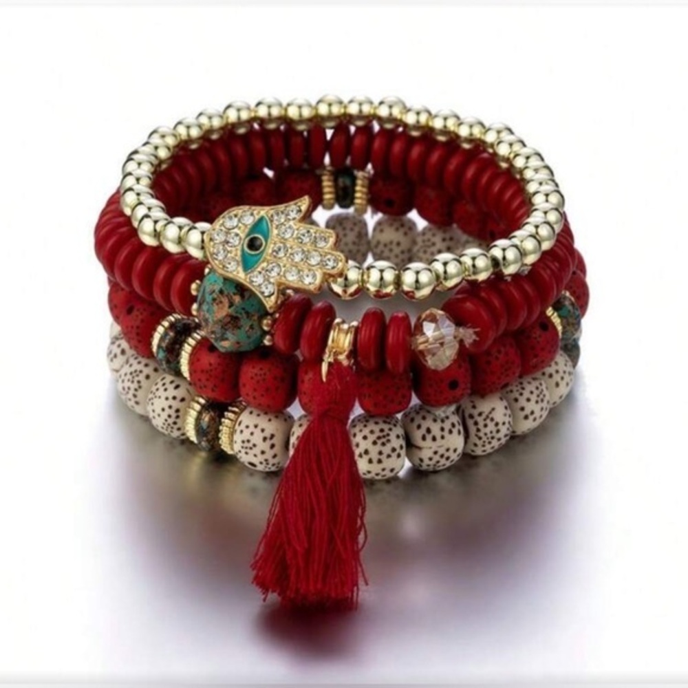 ✨NEW Layered Bohemian Red and Gold tone Beaded Bracelet Set w/ tassel